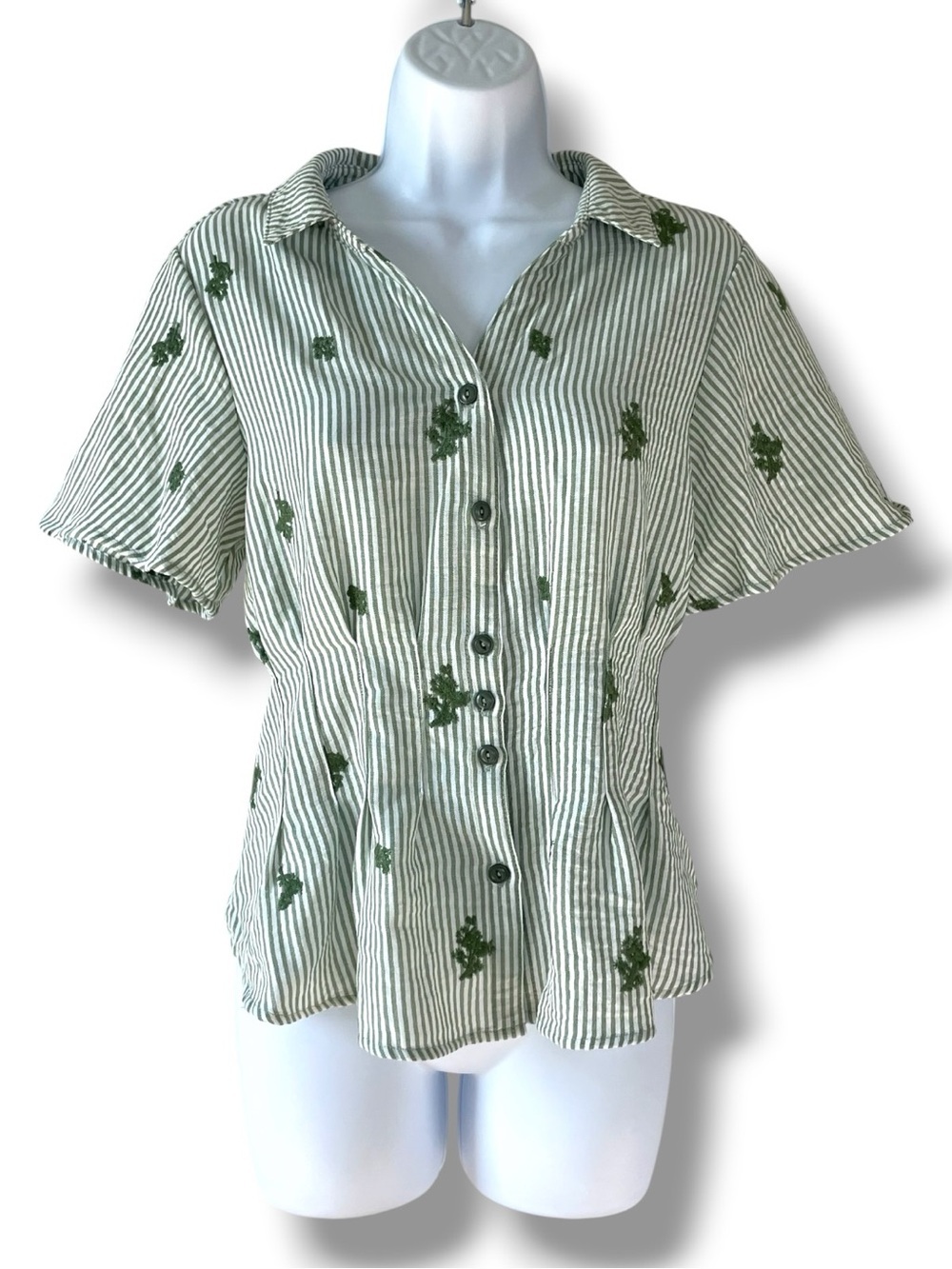FIG + FLOWER Green Striped Embroidered Peplum Blouse Cottagecore Coastal Button - Picture 3 of 9